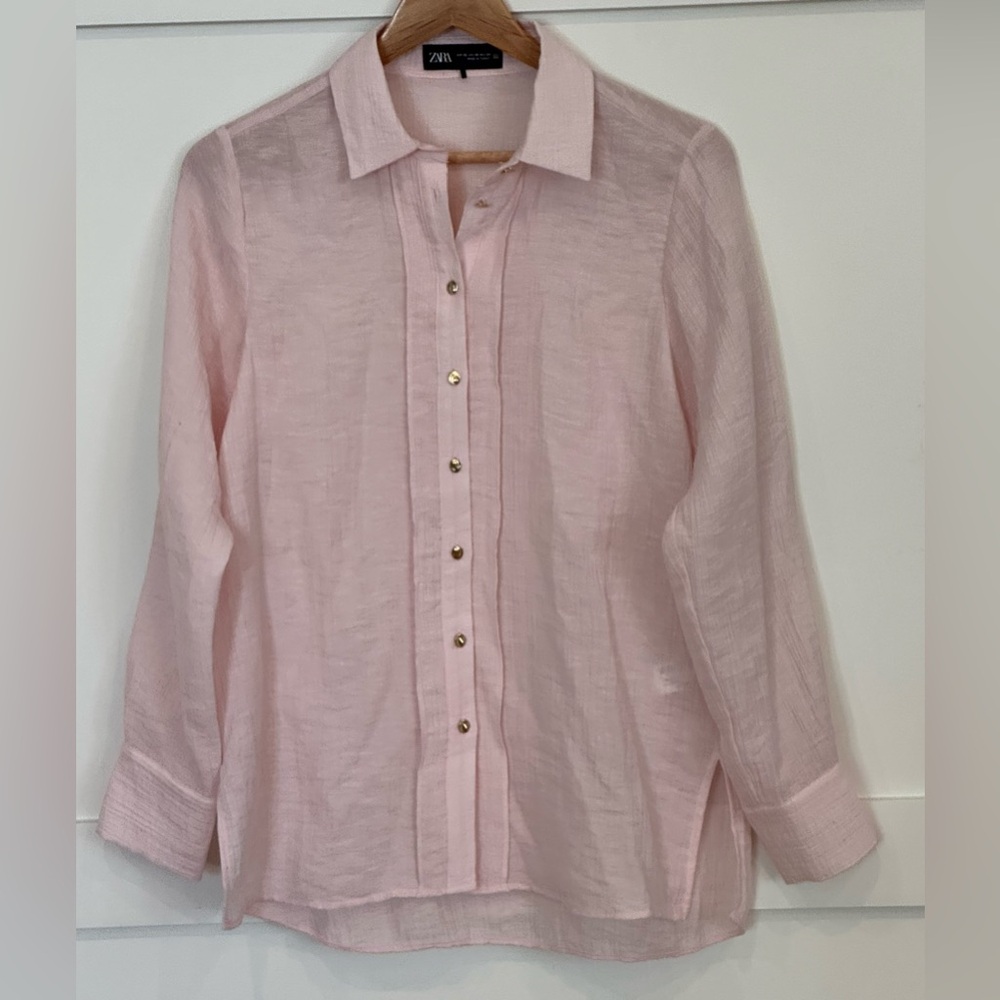 Zara Light Pink Button-Up Linen Blend Women's Top XS